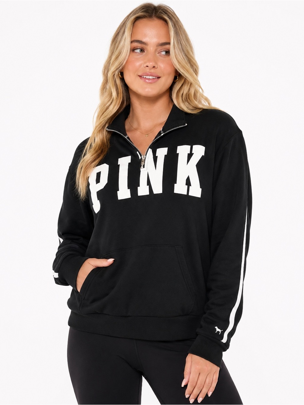 PINK Victoria’s Secret Quarter Zip Pullover Sweatshirt Black White Logo